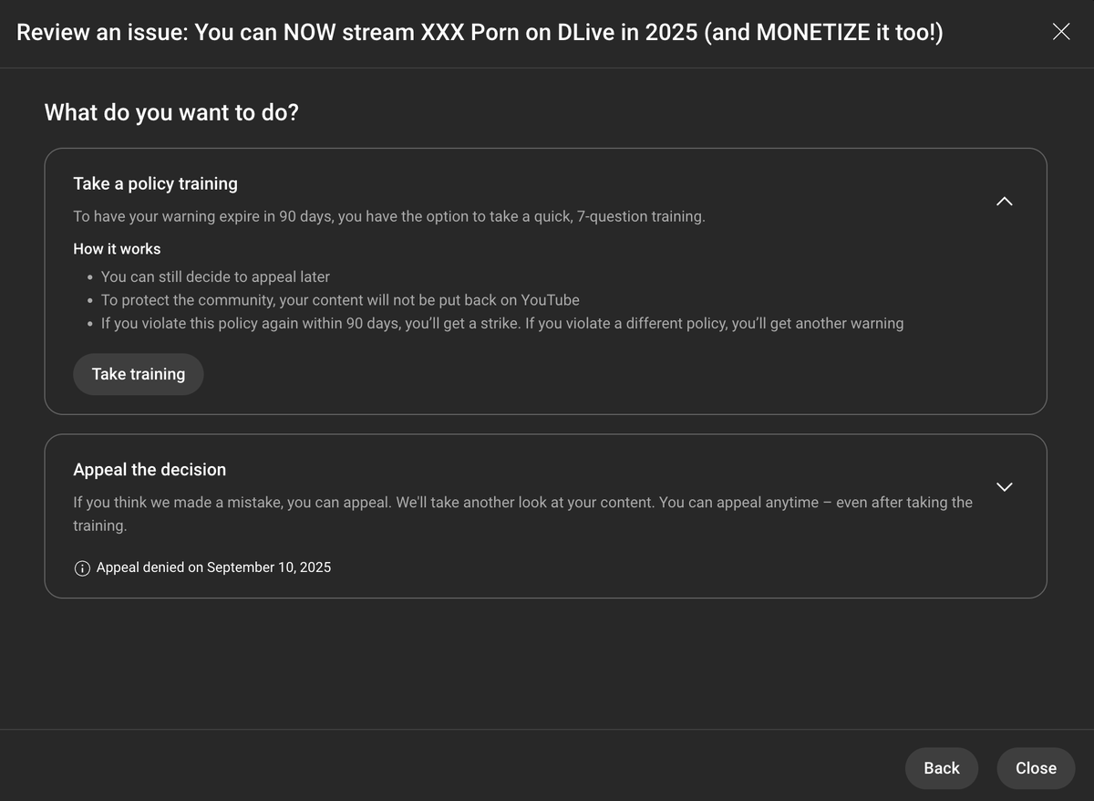 Wow! <a href="/YouTube/">YouTube</a> strike me for nudity in this thumbnail. Nope. No nudity. I appealed the strike for a manual review. Less than 60 seconds later that appeal was denied and strike stands (the screenshots are timestamped when captured) <a href="/YouTubeCreators/">YouTube Creators</a> can an actual HUMAN fix this?