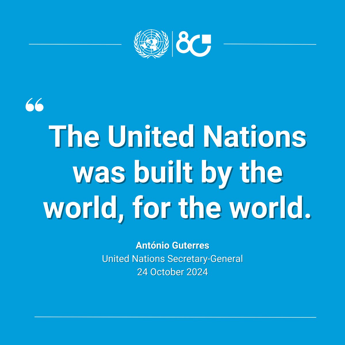 "The more the <a href="/UN/">United Nations</a> does together to address big challenges around the world, the less the burden on individual countries to do it alone."

As the <a href="/UN/">United Nations</a> marks 80 years of working on behalf of people everywhere, <a href="/antonioguterres/">António Guterres</a> urges support for a stronger, more effective UN. #UNGA80