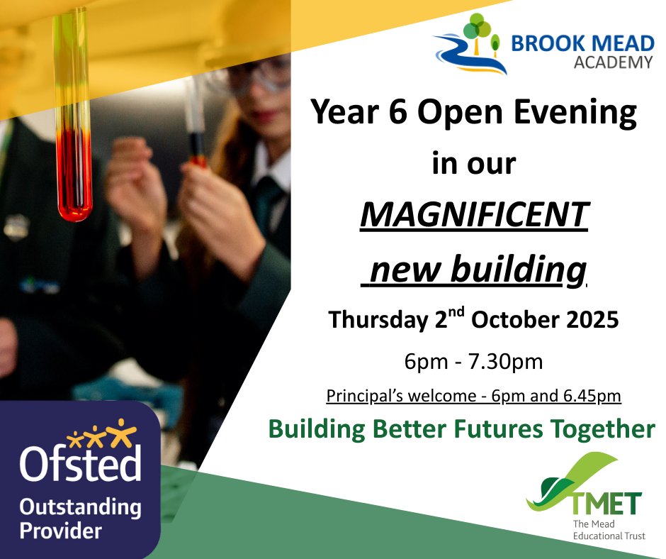 BrookMeadAcad's tweet photo. Brook Mead Academy Year 6 Open Evening in our magnificent new building.   

Thursday 2nd October 2025 6pm-7.30pm  

Please click on the link below to reserve a place.  https://t.co/nQOllOLkEG https://t.co/FkSOjItqQJ