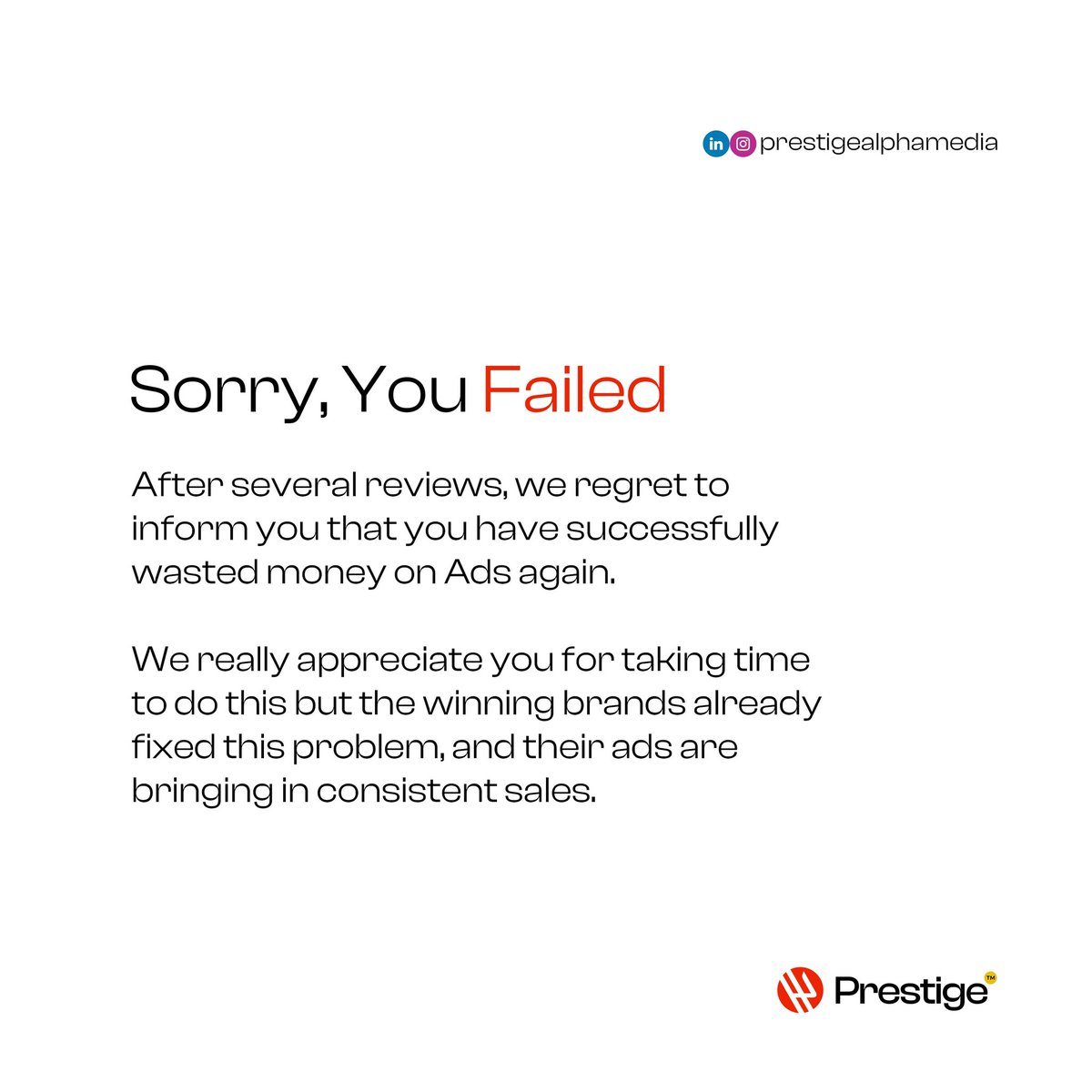 prestige_grafix's tweet photo. 'We regret to inform you'

This hits hard after putting your all into an application but what about losing money that was meant to bring in more money? I think that hits harder. 

Most business owners put their whole into setting up an Ads funnel but still end up not making sales https://t.co/WhMc4TLMGM