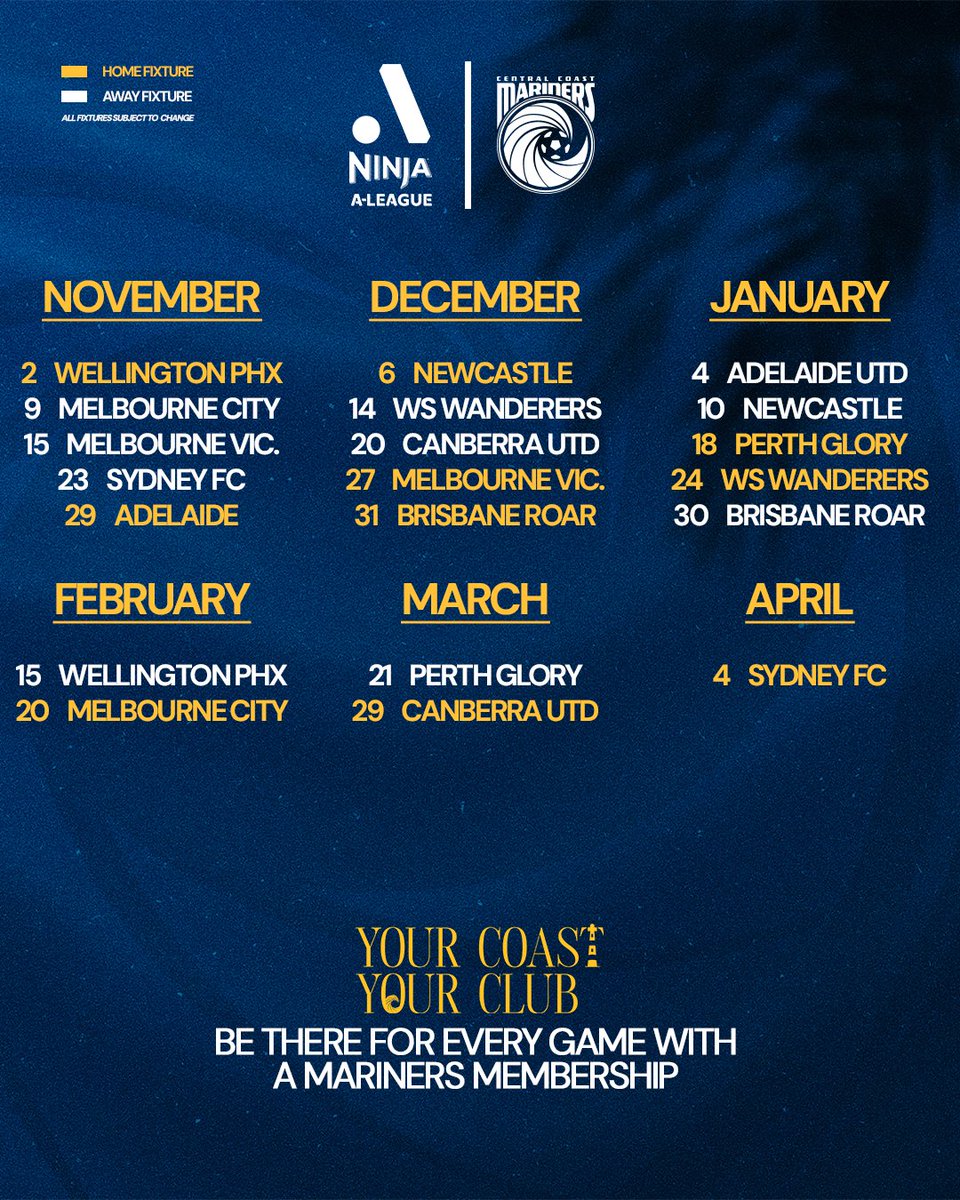 CCMariners's tweet image. Full fixture lists for our 2025/26 Isuzu UTE and Ninja A-League seasons are locked in! 😤
🗞️ Read more: bit.ly/4mZOC5A
Don't miss a thing with a Mariners Membership! 👉 bit.ly/41IXiF0
#CCMFC | @aleaguemen @aleaguewomen