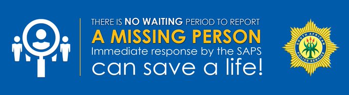 SAPoliceService's tweet photo. RT #sapsHINT ‼️ There is NO waiting period to report a #missing person. Report a  missing person at your nearest police station immediately. It is essential to take steps and start the investigation into a missing person’s case immediately. ME
https://t.co/qbHH0PnR5J https://t.co/V5zSUEZjUd