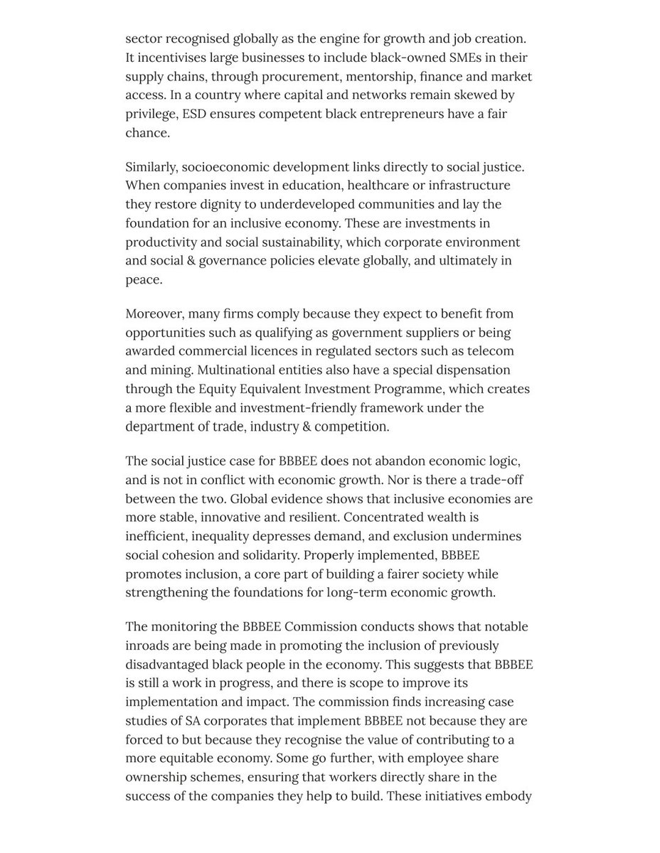 The social justice case for BBBEE does not abandon economic logic, and is not in conflict with economic growth. Nor is there a trade-off between the two. Properly implemented, BBBEE promotes inclusion, a core part of building a fairer society