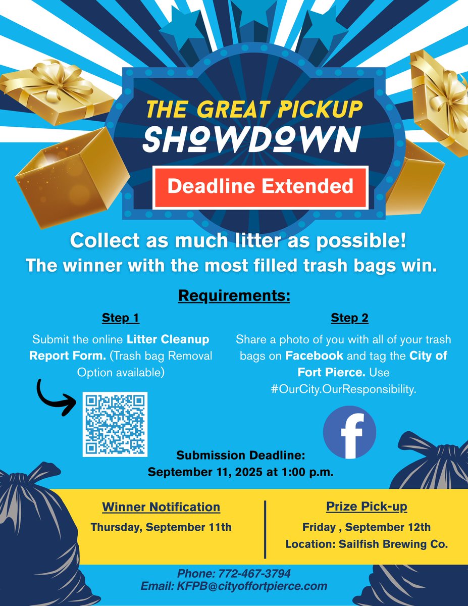 Ft_Pierce's tweet image. 🌊🍻 Ready to clean up &amp;amp; throw down? Join us @Sailfish Brewing Company for The Great Pickup Showdown! 🌿 Show your love for Fort Pierce by helping keep it beautiful 💚

🏆 Win prizes! Deadline Sept. 11th @ 1:00 PM

🌟 Let’s make a difference! 

#CleanupChallenge #FortPierceStrong