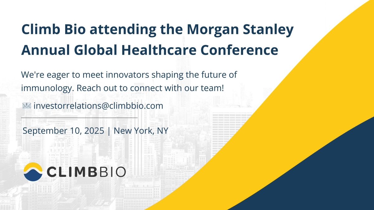 Climb Bio (@climbbio) on Twitter photo $CLYM will be at the Morgan Stanley Annual Global Healthcare Conference on Wed Sept 10.
Our team looks forward to one-on-one investor meetings and connecting with leaders across the healthcare space.
#ClimbBio #MorganStanleyHealthcare #InvestorRelations $CLYM will be at the Morgan Stanley Annual Global Healthcare Conference on Wed Sept 10.
Our team looks forward to one-on-one investor meetings and connecting with leaders across the healthcare space.
#ClimbBio #MorganStanleyHealthcare #InvestorRelations