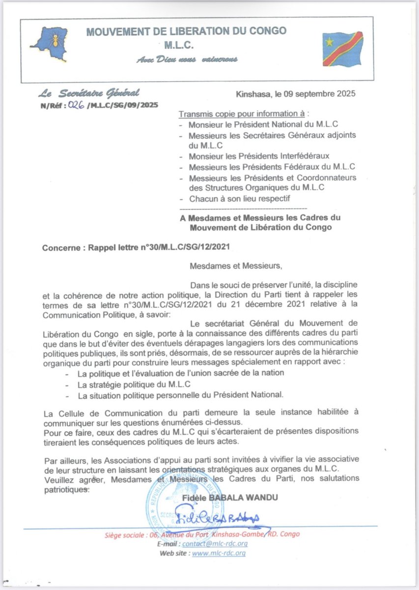 LE SECRÉTAIRE GÉNÉRAL DU MLC RAPPELLE AUX CADRES DU PARTI CE QUI SUIT :