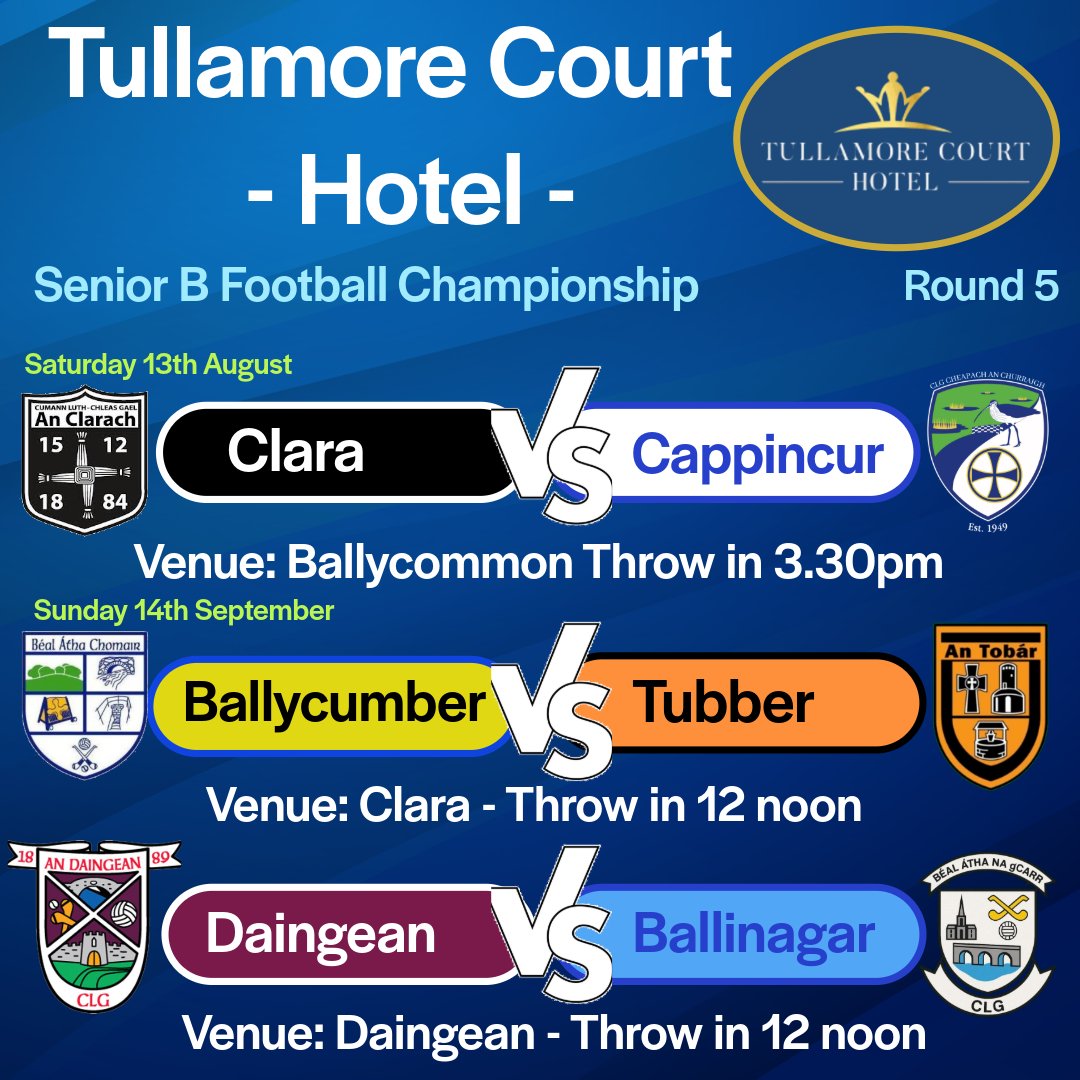 𝙏𝙪𝙡𝙡𝙖𝙢𝙤𝙧𝙚 𝘾𝙤𝙪𝙧𝙩 𝙃𝙤𝙩𝙚𝙡 𝙎𝙚𝙣𝙞𝙤𝙧 𝘽 𝙁𝙤𝙤𝙩𝙗𝙖𝙡𝙡 𝘾𝙝𝙖𝙢𝙥𝙞𝙤𝙣𝙨𝙝𝙞𝙥. 𝙍𝙙 ❺

▪️Saturday 13th September▪️
<a href="/Clara_gaa_club/">Clara Gaa Club</a> v <a href="/CappincurGAA/">CappincurGAA</a> 

▪️Sunday 14th September▪️
<a href="/Ballycumber_GAA/">Ballycumber GAA Club</a>
v <a href="/TubberCoOffaly/">Tubber GAA</a> 

<a href="/DaingeanGAA/">Daingean GAA Club</a> v <a href="/BallinagarGaa/">Ballinagar Gaa</a> 

Click here to