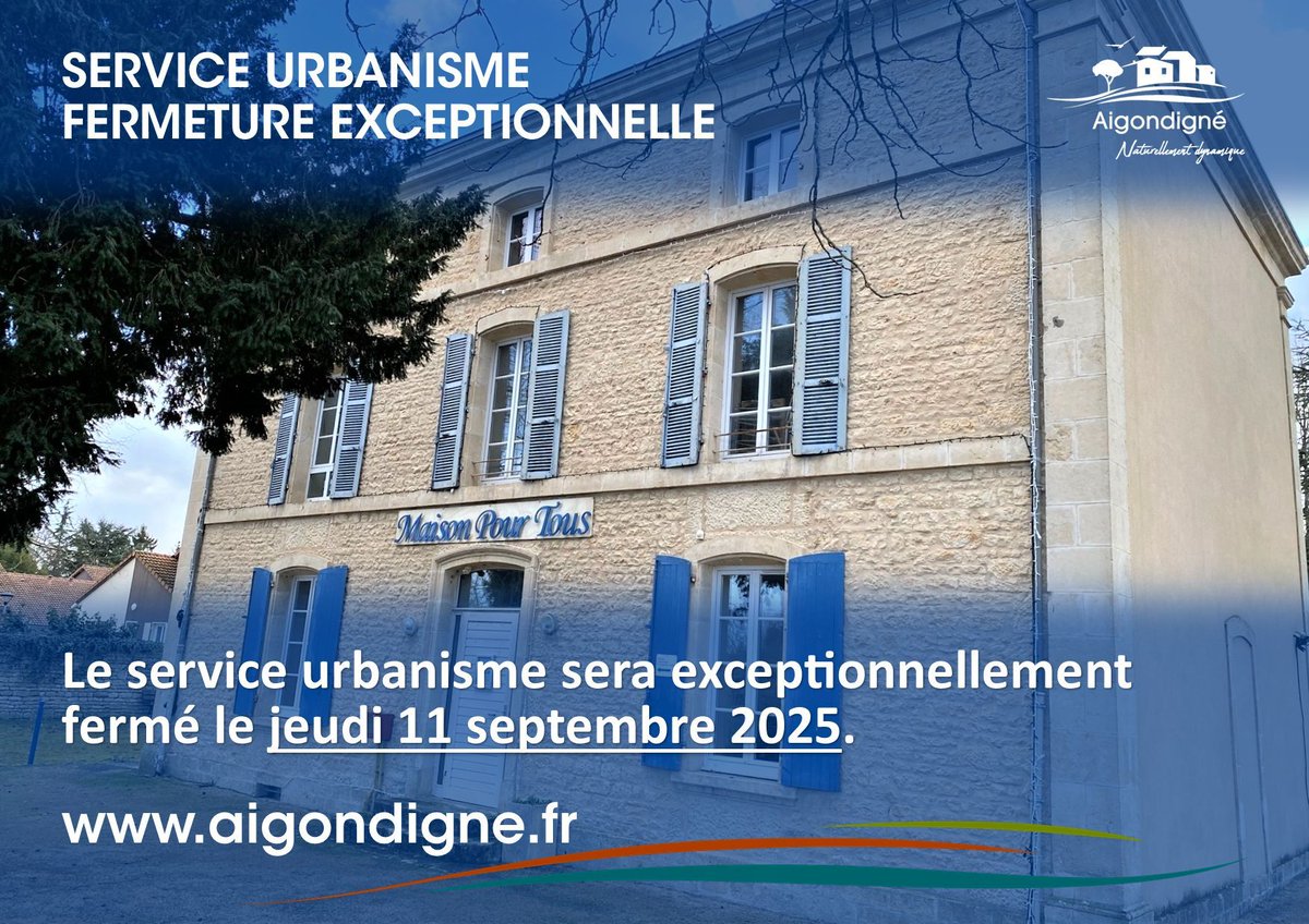 👉 Le service urbanisme sera exceptionnellement fermé le jeudi 11 septembre 2025. #Aigondigné

buff.ly/Snobx07