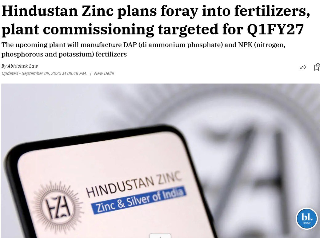 धातुओं से लेकर उर्वरकों तक, वेदांता की हिंदुस्तान ज़िंक वहीं मूल्य खोल रही है जहाँ भारत को सबसे ज़्यादा ज़रूरत है 🌾

भारत अपनी DAP की लगभग 60% और NPK की बड़ी ज़रूरत आयात से पूरी करता है। राजस्थान में बनने वाला हिंदुस्तान ज़िंक का नया उर्वरक संयंत्र बदल देगा तस्वीर:

- महंगे आयात