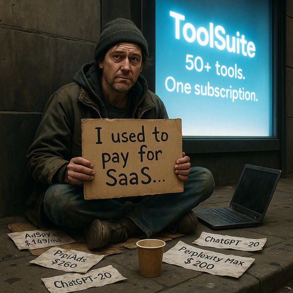 trytoolsuite's tweet image. He didn’t fail because he lacked ambition.
He failed because he tried to play fair — paying for every single SaaS tool month after month, while others quietly used ToolSuite.

$149 here. $260 there. $20? Easy.
Until the stack collapsed on itself.
And all that remained was a…