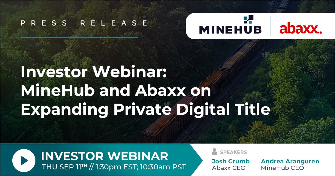 MineHub_Tech's tweet image. Join Andrea Aranguren, CEO of MineHub, and Josh Crumb, CEO of Abaxx Technologies, on Thursday at 1:30pm EST // 10:30am PST for a live webinar. 

👉 Register Now: us06web.zoom.us/webinar/regist…