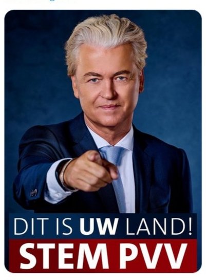 Precies dezelfde soort poster met Exact dezelfde tekst werd destijds gebruikt door de NSB als propaganda materiaal. 'DIT IS UW LAND, KIES NSB '.
Ook toen trapten mensen in dit geroeptoeter en we weten allemaal hoe dat afliep. 
#PVVIsNSB 
#PVVhetnieuweNSB 
#wilderswarcriminal