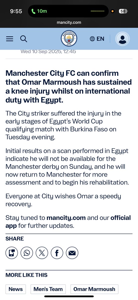 Omar Marmoush has been ruled out of the Manchester derby with a knee injury. 

Most likely cause is an MCL injury (or bone bruise). He was seen rubbing his inner knee which is indicative of an MCL injury.

Please see quoted post for potential recovery times.

#MCFC #ManCity