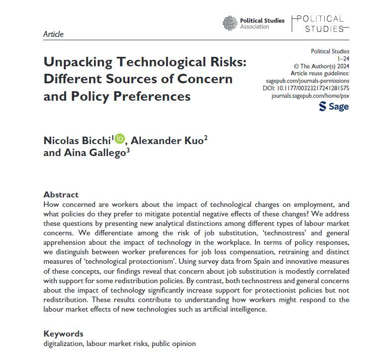 Political Studies (@polstudies) on Twitter photo IN NEW ISSUE: What policies do individuals at risk of automation prefer their governments to implement in response to this threat? <a href="/BicchiNicolas/">Nicolas Bicchi</a> <a href="/ainagallego/">Aina Gallego</a> & Alexander Kuo investigate the subject in <a href="/PolStudies/">Political Studies</a>: buff.ly/3CbV5bj
<a href="/PolStudiesAssoc/">Political Studies Association</a> <a href="/SAGECQPolitics/">Sage Politics</a> #polsci IN NEW ISSUE: What policies do individuals at risk of automation prefer their governments to implement in response to this threat? <a href="/BicchiNicolas/">Nicolas Bicchi</a> <a href="/ainagallego/">Aina Gallego</a> & Alexander Kuo investigate the subject in <a href="/PolStudies/">Political Studies</a>: buff.ly/3CbV5bj
<a href="/PolStudiesAssoc/">Political Studies Association</a> <a href="/SAGECQPolitics/">Sage Politics</a> #polsci