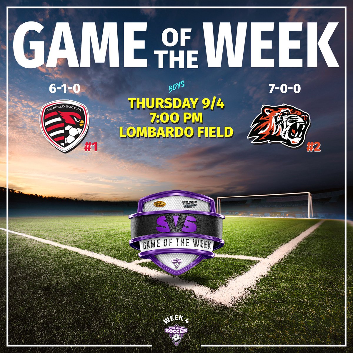 steelvalleySVS's tweet photo. Due to circumstances beyond our control we will now be at the #1 Canfield at #2 Howland game this Thursday for our SVS Game of the Week! Tune in to see who will earn the top spot! #steelvalleysvs #ohio #highschool #soccer #ohsaa #ossca #trumbull #mahoning #canfield #howland ⚽️ https://t.co/SuEAFJLtMe