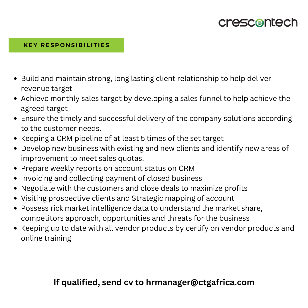 We're looking for an Enterprise Account Manager to join our team.

If you’re experienced in IT enterprise sales and driving business growth, we’d love to connect with you.
📌 Location: Kenya
📌 Role: Enterprise Account Manager 
Apply today → hrmanager@ctgafrica.com 
#IkoKaziKe