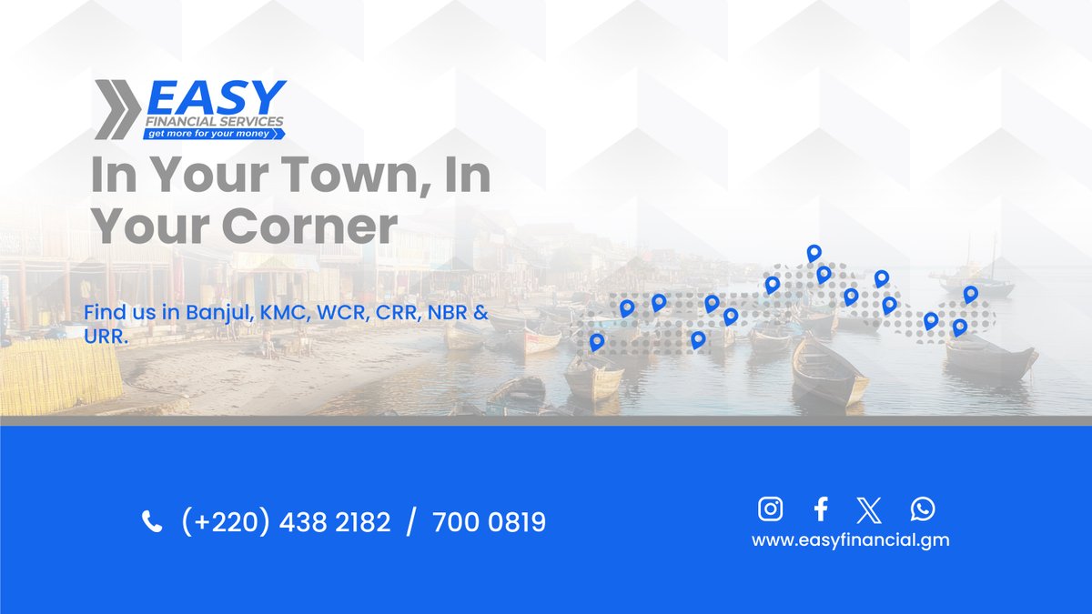 EasyFinancialgm's tweet photo. 🌍 Easy Financial is right around the corner—in Banjul, KMC, WCR, CRR, NBR &amp; URR! Visit any branch today and send with Easy — the easy way! #TheEasyWay https://t.co/MX7obQcsbI