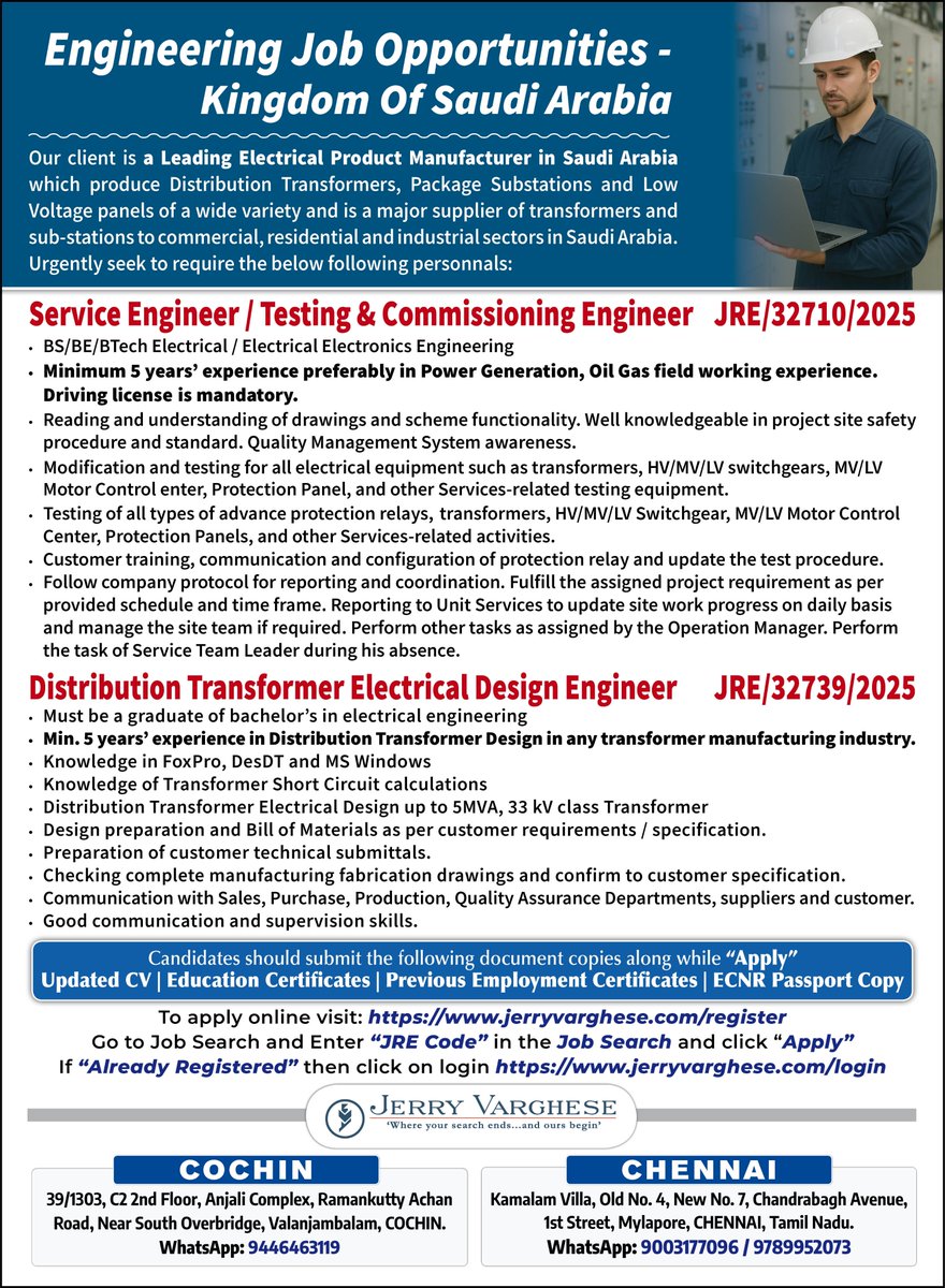 Engineering Job Opportunities in Saudi Arabia | Read the ad to know more about the vacancies and the qualifications / Exp. reqd. | Enter ‘JRE Code’ in the Quick Search Box and Apply | Do select “Internet/Online”, Source="x.com" | All the Best.