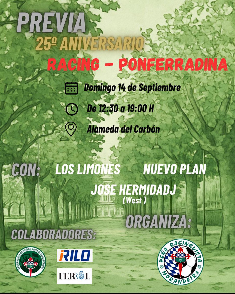 📢 Cumplimos 🎂*25 años*🎂y queremos celebrarlo con tod@s los racinguistas 💚

👉 Toma nota!!!

🗓️ Domingo 14 de Septiembre
⏰ De 12:30 a 19:00H
📍Alameda do Carbón