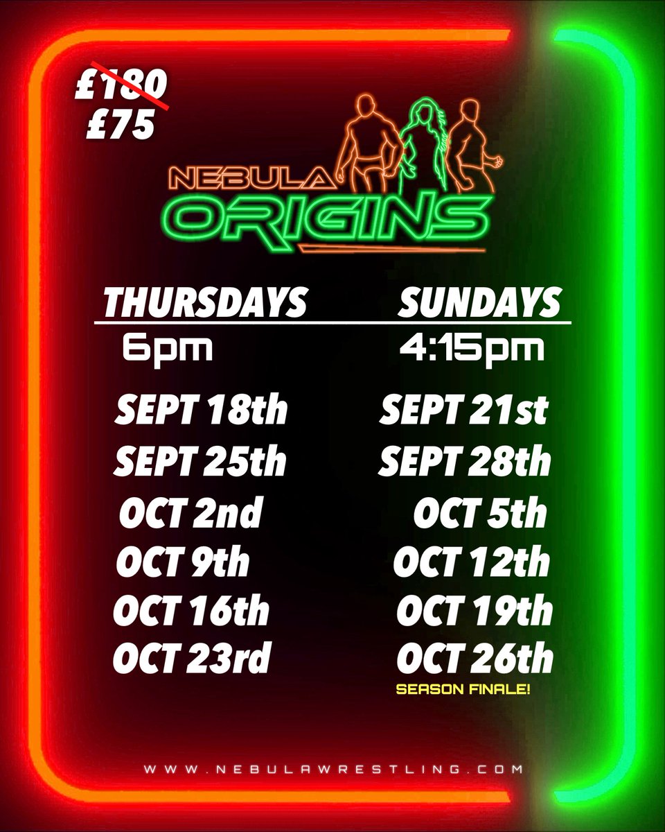September 18th!🧡💚

NEBULA ORIGINS Season 6!🧡💚

6-Week Beginners Course!🧡💚

It’s time to announce our NEBULA ORIGINS 6-Week Beginners Course starting SEPTEMBER 18TH! Just next week right here in Nottingham at NEBULA Wrestling!

-Sign up here!👇
nebulawrestling.com/training-appli…
