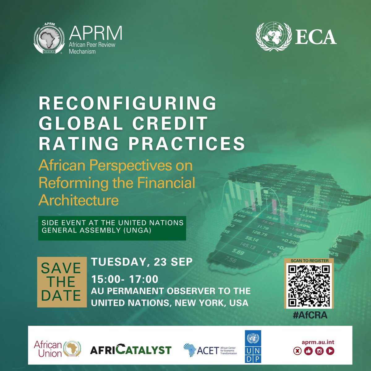 APRMorg's tweet photo. This September, during #UNGA80, APRM, with @ECA_OFFICIAL, @_Africatalyst, @UNDPAfrica, and @AcetforAfrica, is hosting a landmark dialogue on “Reconfiguring Global Credit Rating Practices: African Perspectives on Reforming the Financial Architecture.”
📍 Venue: AU Permanent Observer to the UN, New York (@AfricanUnionUN)
📅 Date: 23 September 2025
🕒 Time: 15:00–17:00
Join us: https://t.co/V62Os8k9c9
#AfCRA #CreditRatings