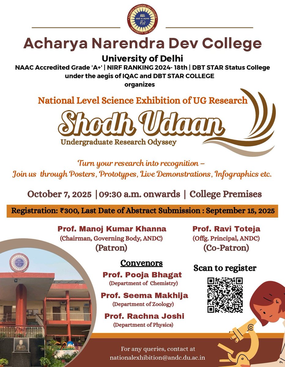 Join us at Acharya Narendra Dev College for Shodh Udaan: National UG Science Research Exhibition on Oct 7, 2025! Showcase your research through posters, prototypes, and live demos. Register by Sep 15. #ScienceExhibition #UGResearch
