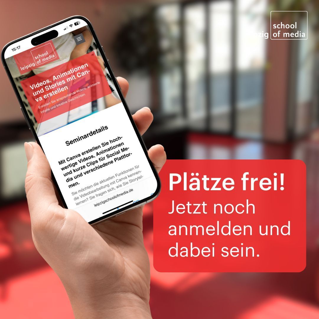 Kurzentschlossene aufgepasst - es sind noch Plätze frei!

👉 Wo? Im Online-Seminar "Videos, Animationen und Stories mit Canva erstellen"
👉  Wann? Am 17. September geht es 09:00 Uhr los.

Melden sie sich am besten gleich an und sichern Ihren Platz.
leipzigschoolofmedia.de/canva-videos-a…

#Canva