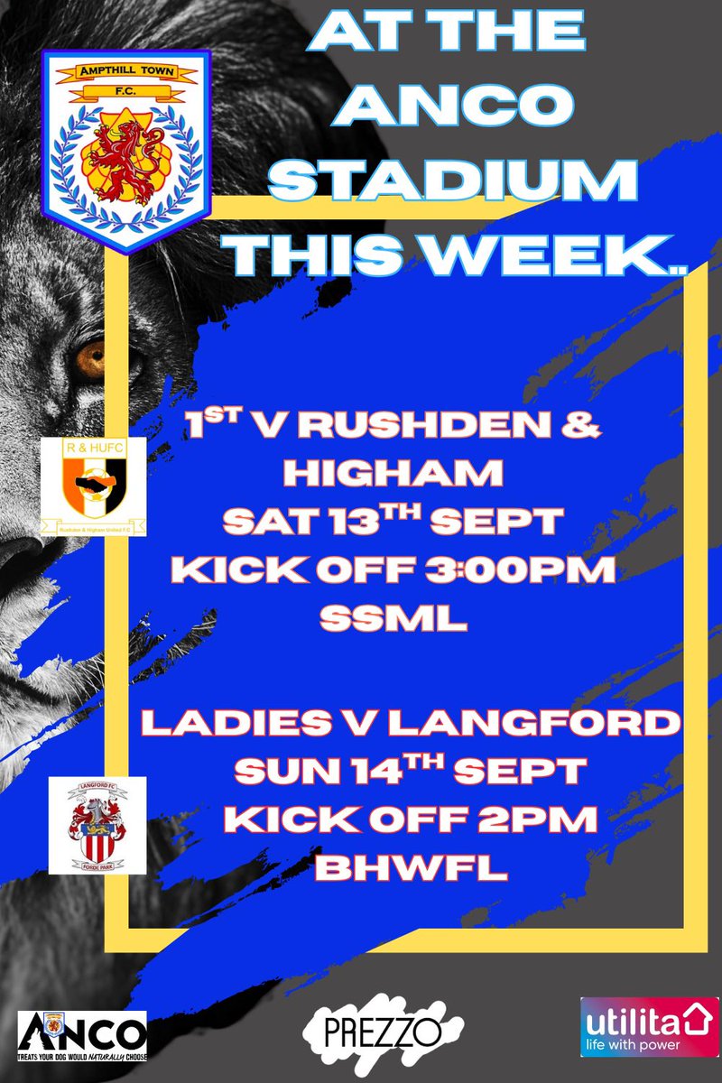 Amps back at the Anco on Sat 13th in a <a href="/SSMFLOfficial/">Spartan South Midlands Football League Official</a>  clash with <a href="/RandHUFC/">Rushden & Higham Utd</a>  KO3PM.  Then on Sun14th the Ladies open their league season with a home tie v Langford Ladies, KO2pm.  Get along to the Anco Stadium this weekend. COYA💛💙💛💙<a href="/ampthillinfo/">Ampthill.Info</a> <a href="/atfcwomen/">Ampthill Town FC - Ladies</a> <a href="/BedsFA/">Bedfordshire FA</a>