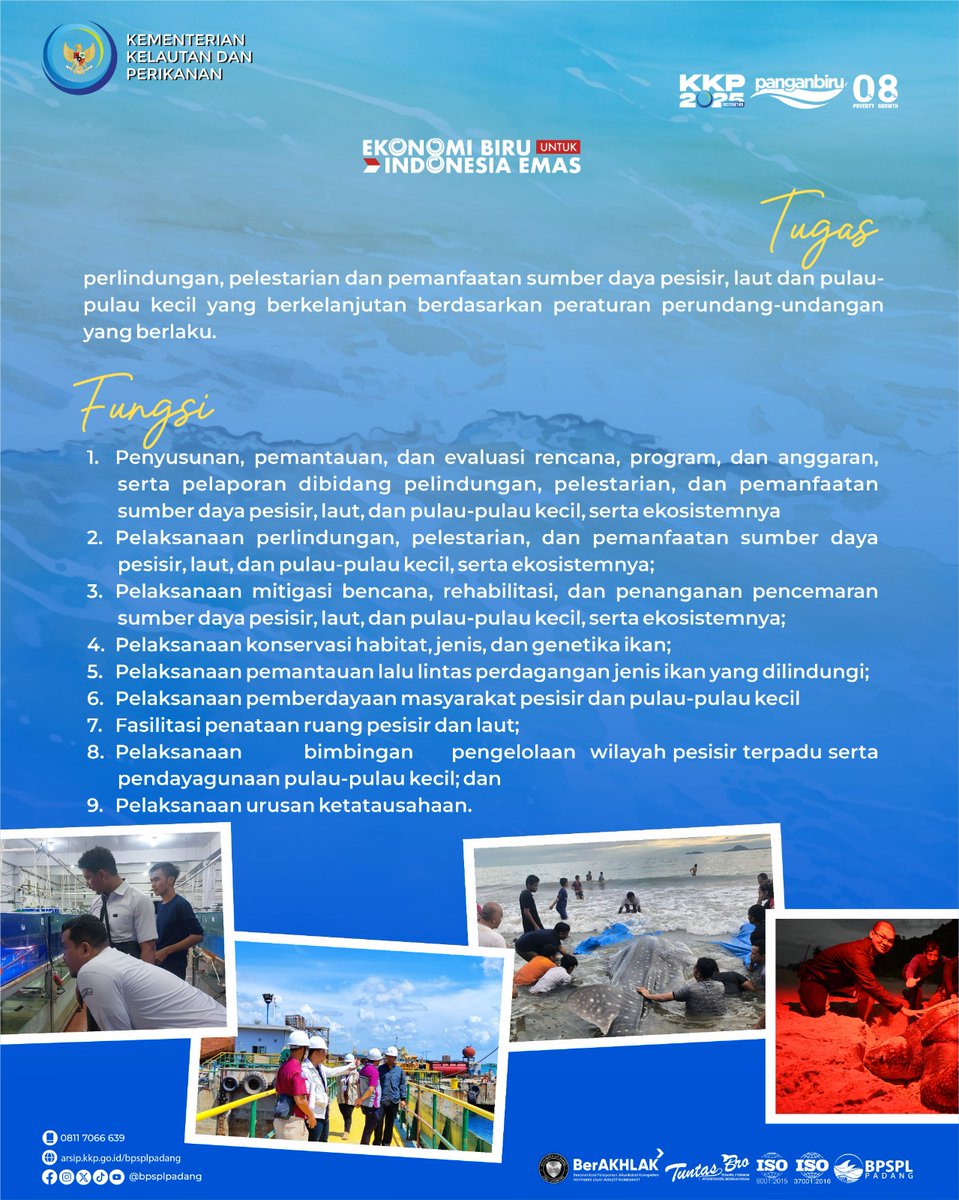 Eh ada yang belum kenal BPSPL Padang ga, #SahabatBahari ? 😱

Sudah pasti kenal nih, pada tau Tugas dan Fungsi BPSPL Padang serta tersebar di mana aja kantornya ?

Ini dia jawabannya

#KKP2025RiseTogether #PANGANBIRU #EkonomiBiru #KKPGOID #MenteriKKP #DJPKRL #BijakMengelolaLaut
