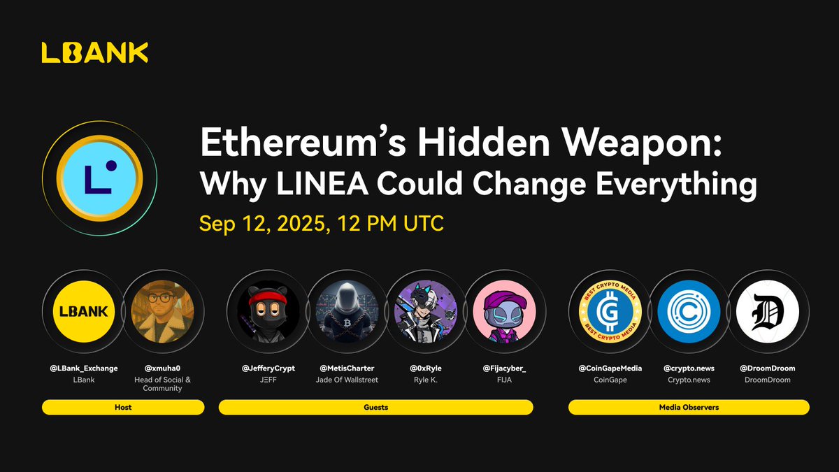 LBank_Exchange's tweet photo. 🎙️ Ethereum’s Hidden Weapon: Why LINEA Could Change Everything 🔥📈

📅 Sep 12, 2025 | 🕛 12 PM UTC
🎙️ Hosts:@LBank_Exchange &
@xmuha0

🎤 Guests:
@JefferyCrypt 
@MetisCharter 
@0xRyle 
@Fijacyber_ 

📰 Media Observers:
@CoinGapeMedia 
@cryptodotnews 
@DroomDroom

👉 Set a reminder: https://t.co/xRQY1Ubz9f

#LBankSpaces #LINEA