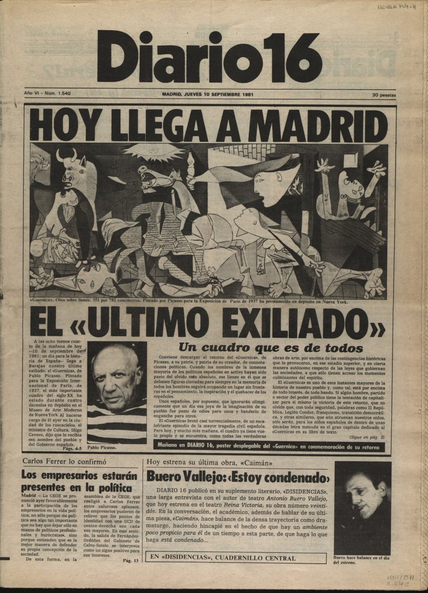 Hoy se cumplen 44 años de un momento histórico para España: la llegada del #Guernica de Pablo Picasso.