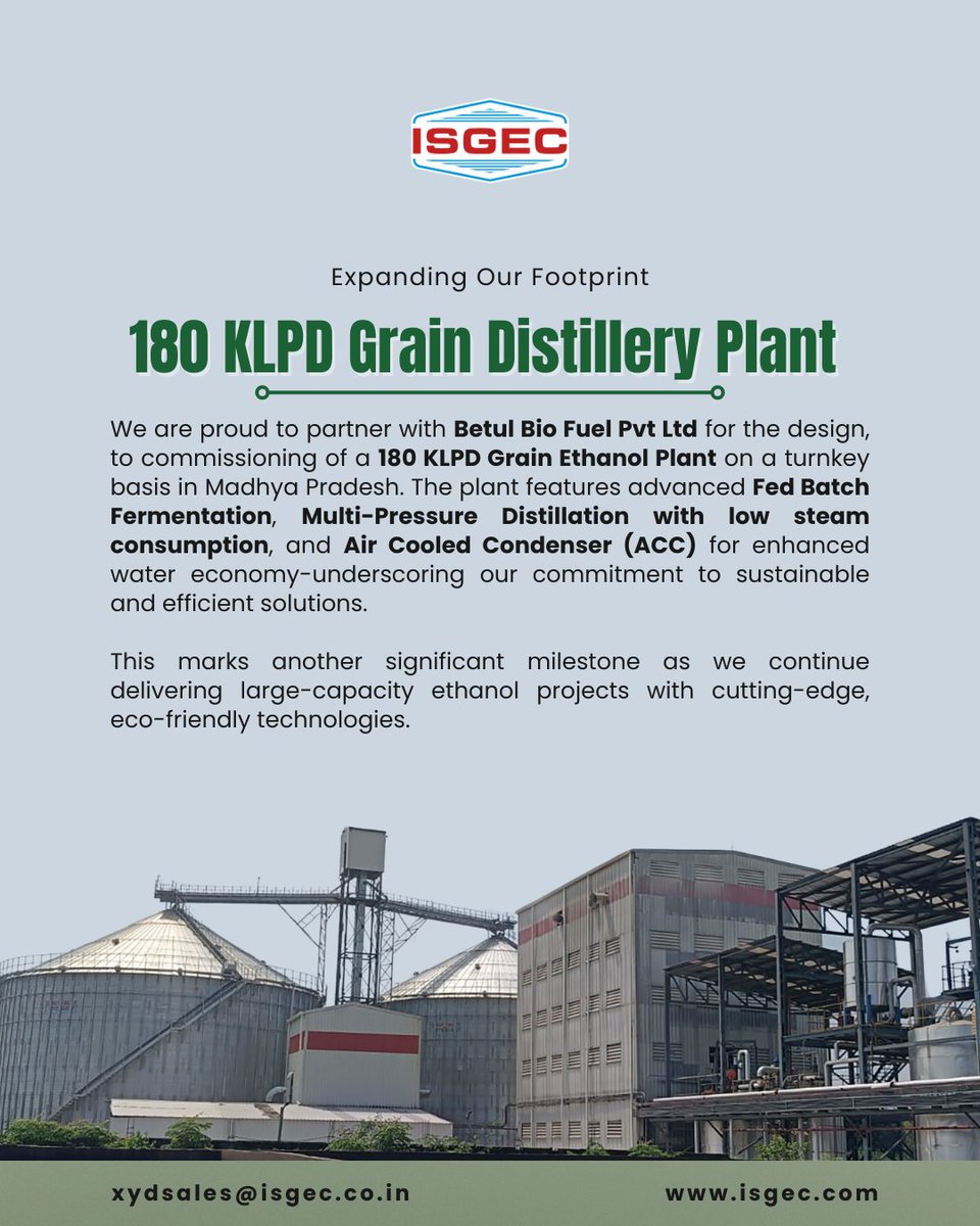 Expanding Our Footprint!

Isgec is proud to partner with Betul Bio Fuel Pvt Ltd for the 180 KLPD turnkey Grain Ethanol Plant in Madhya Pradesh.

For more information, reach us at xydsales@isgec.co.in

#IsgecDistilleryPlant #BetulBioFuel
#EthanolPlant #SustainableEnergy