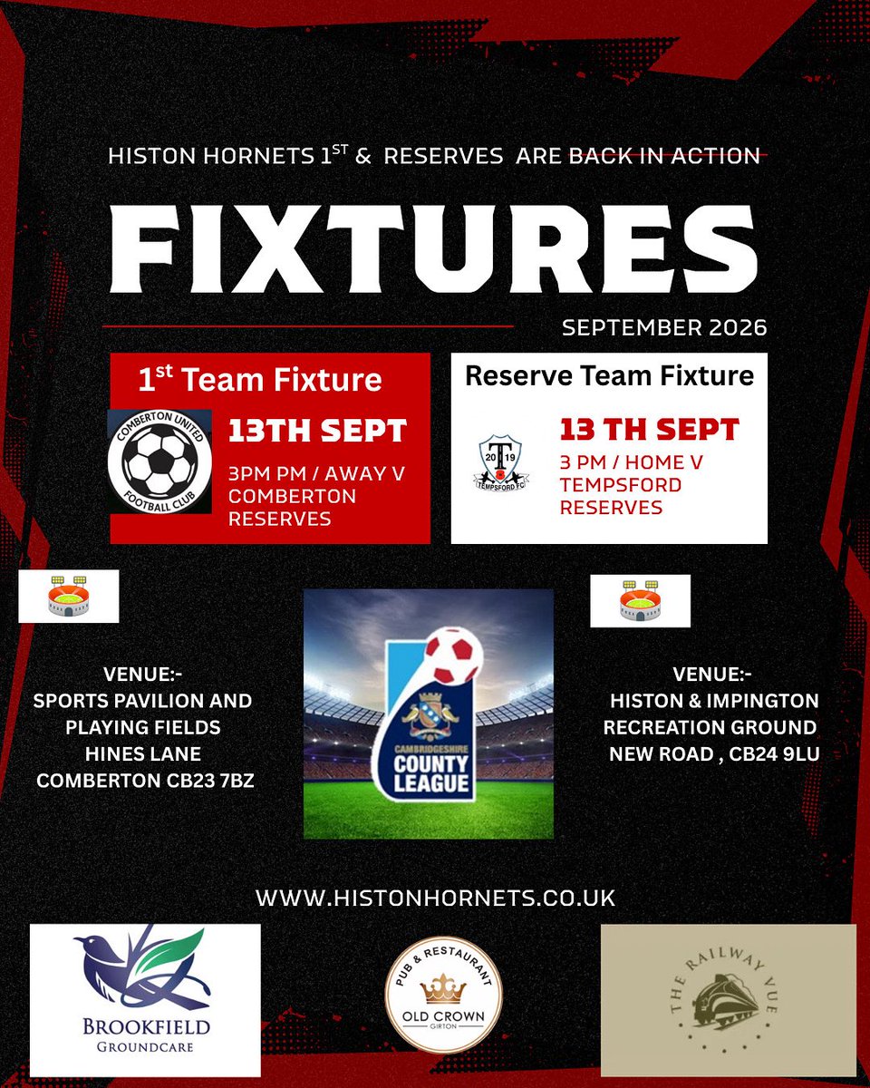 ⚽ New Season Kick-Off! ⚽

This Saturday marks the start of the new football season.
 • First Team: Away vs Comberton Reserves
 • Reserves: Home vs Tempsford Reserves

Come along and support the lads as both teams get their campaigns underway!