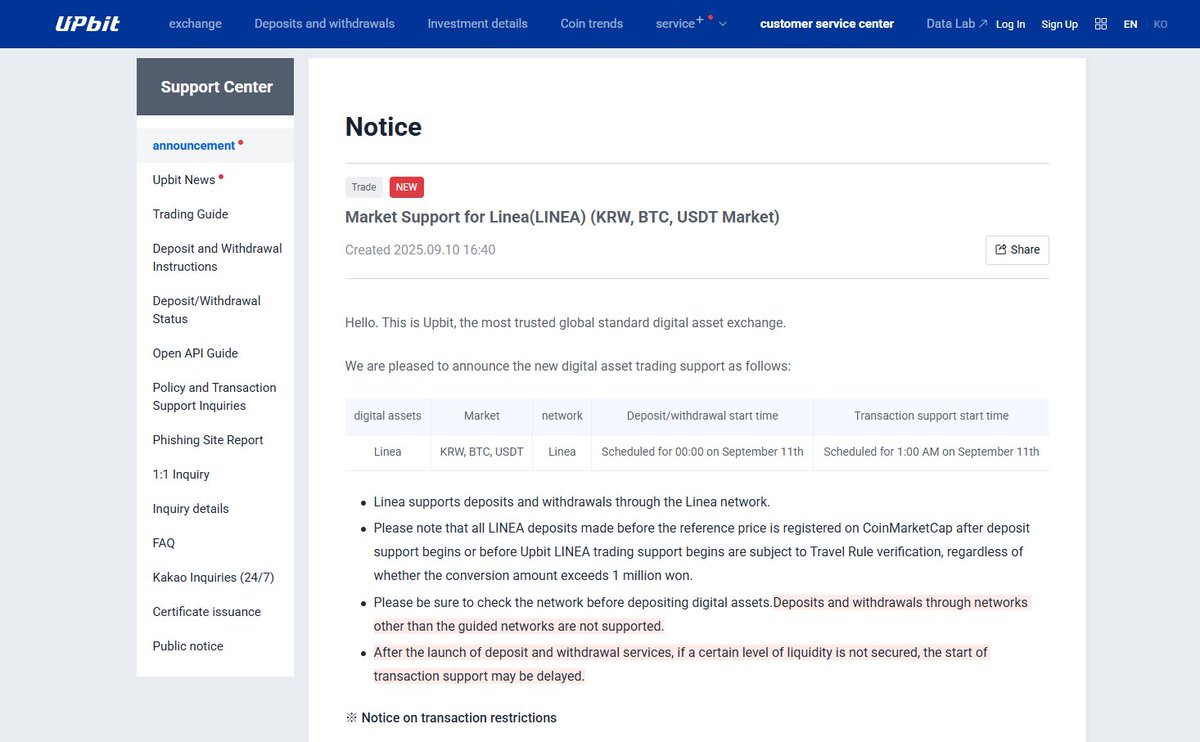 Linea_Universe's tweet image. 👀 $LINEA listed on @Official_Upbit  spot (KRW)

👉 upbit.com/service_center…

#OnLinea