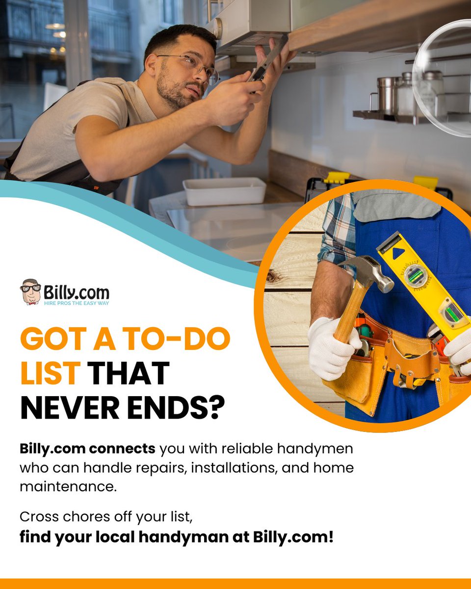 Billy_Com's tweet image. Keep your home running smoothly! 🛠️ Billy.com connects you with trusted handymen for quick fixes and upgrades—done right the first time.

Find your pro today at !

#FixItFast #Billycom #HandymanExperts #HomeRepairs #TrustedProfessionals