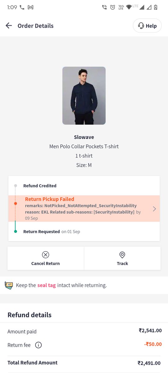 kanye809's tweet photo. Hello Team Myntra!
The return pickup was performed by the Ekart Agent. 
However the delivery boy has marked the pick up request failed.Reason given in the SS below. 
Due to this reason my return can't be processed. The delivery boy doesn't pickup my call anymore. @MyntraSupport https://t.co/Kg5Y52jH2t