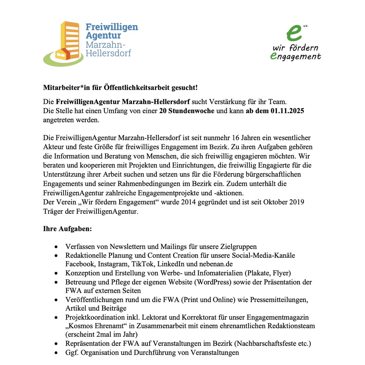 📣 #FreiwilligenAgentur Marzahn-Hellersdorf | Wir fördern Engagement e.V. sucht Mitarbeiter*in für #Öffentlichkeitsarbeit | #Berlin

📅 Frist: 28. September 2025

➡️kultweet.de/jobs/Mitarbeit…

#Job #Stellenausschreibung #Sprache #PR #PublicRelations #Medien #Kommunikation