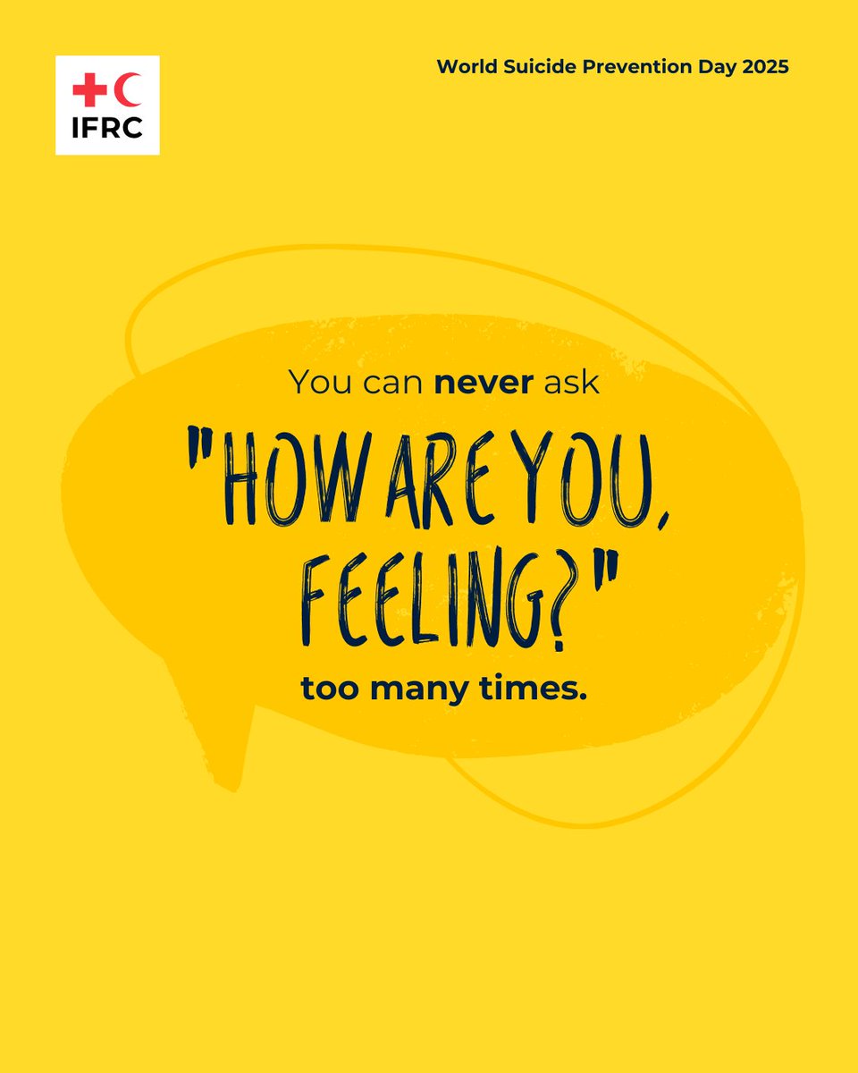 ifrc's tweet photo. Every 40 seconds, someone loses their life to suicide. 

Every second is an opportunity to save a life. 

Suicide is preventable, and we all have a role to play. 

By raising awareness, supporting one another, and encouraging open conversations, we can make a difference. #WorldSuicidePreventionDay