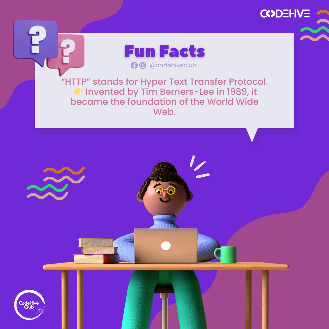 CodehiveClub's tweet image. 💡 Fun Fact Wednesday!
“HTTP” stands for Hyper Text Transfer Protocol.
Invented by Tim Berners-Lee in 1989, it became the foundation of the World Wide Web.

#CodeHiveClub #FunFactWednesday #WebTechnology #CodingLife