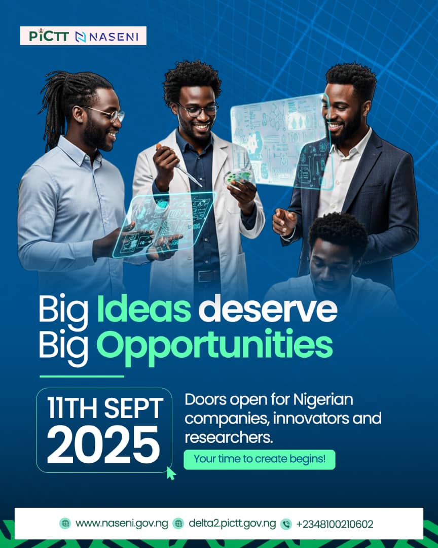 NASENIHQ's tweet photo. 1 Day to Go!
Tomorrow Thursday, NASENI ( @NASENIHQ ) and PICTT (@pi_ctt ) will launch the 2nd Delta-2 Programme – Call for Proposals.
Delta-2 is about transforming research into real-world impact, funding ideas and driving technology transfer that strengthens our economy.

Join us as we open another chapter of opportunities for innovators, researchers and industry leaders.

Venue: NASENI Headquarters, Idu, Abuja
Date: Thursday, 11th September 2025
Time: 10:00 AM

#Delta2Programme #NASENI #Innovation #InfinitePossibilities