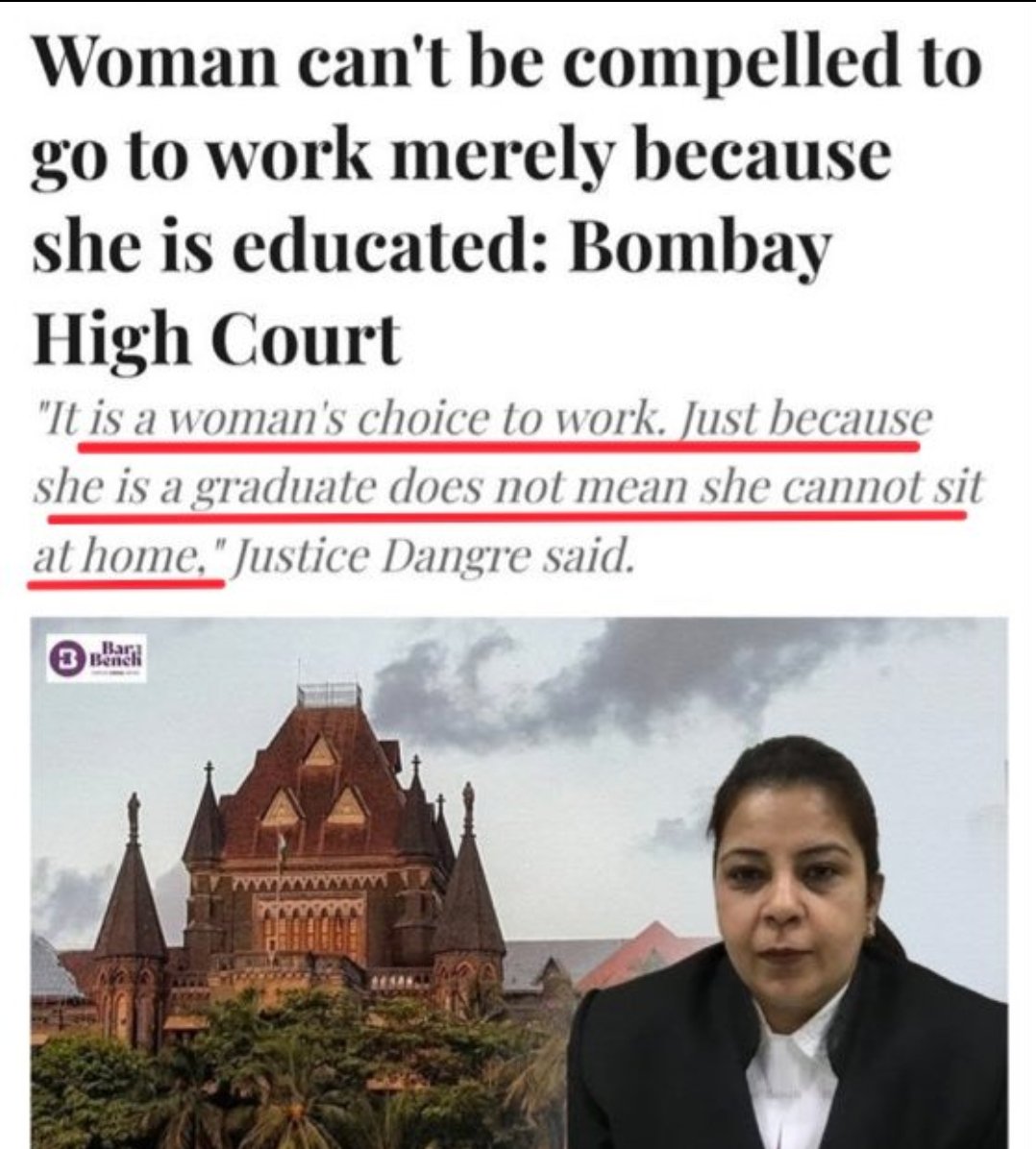 TrumpSaveBharat's tweet photo. So basically the message is: Don’t expect educated women to work.
Judiciary indirectly asking: Why educate girls at all, if end advice is to sit at home?
Husbands are compelled to earn &amp; maintain, but wives get the luxury of “choice.”
What a vision for a developing nation! 🤦‍♂️ https://t.co/lbA8w0UukN