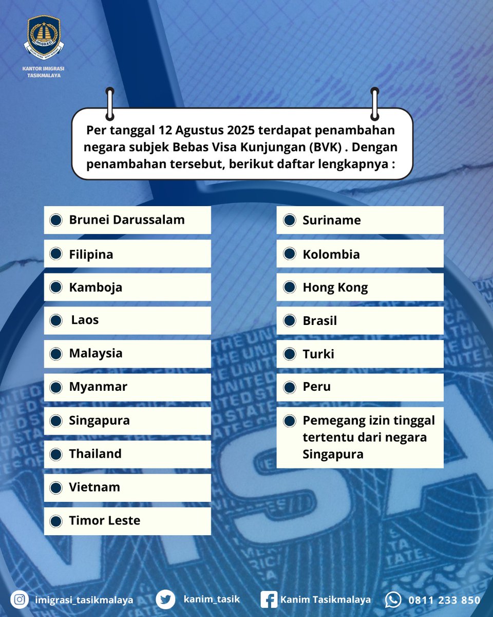 kanim_tasik's tweet photo. Sampurasun Sobat Mido ! Mulai 12 Agustus 2025, ada penambahan daftar negara yang mendapat Bebas Visa Kunjungan (BVK) ke Indonesia! 🌏✈️

Cek daftar lengkapnya di postingan feed kami ⬆️ https://t.co/9cNHhYcxoF
