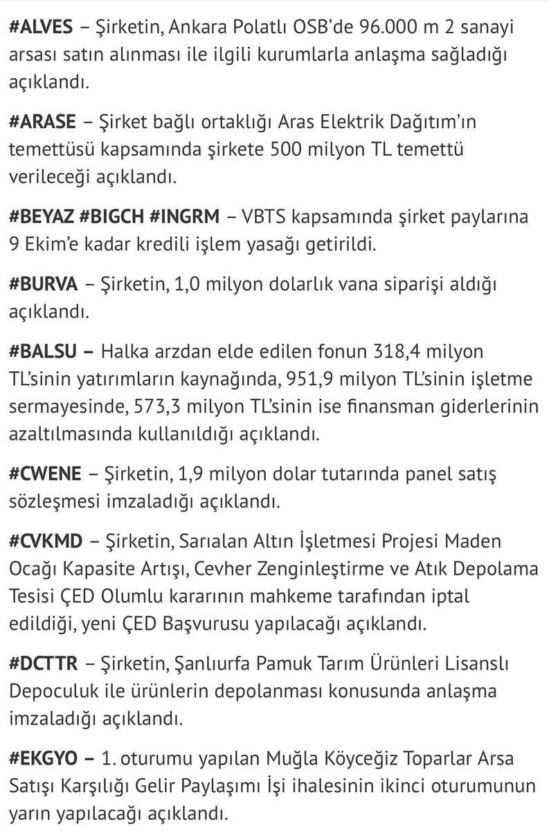 mr_borsaci's tweet photo. Şirket haberleri;

#ALVES #ARASE #BEYAZ #BIGCH #INGRM #BURVA #BALSU #CWENE #CVKMD #DCTTR #EKGYO https://t.co/6mbXXP9eGO