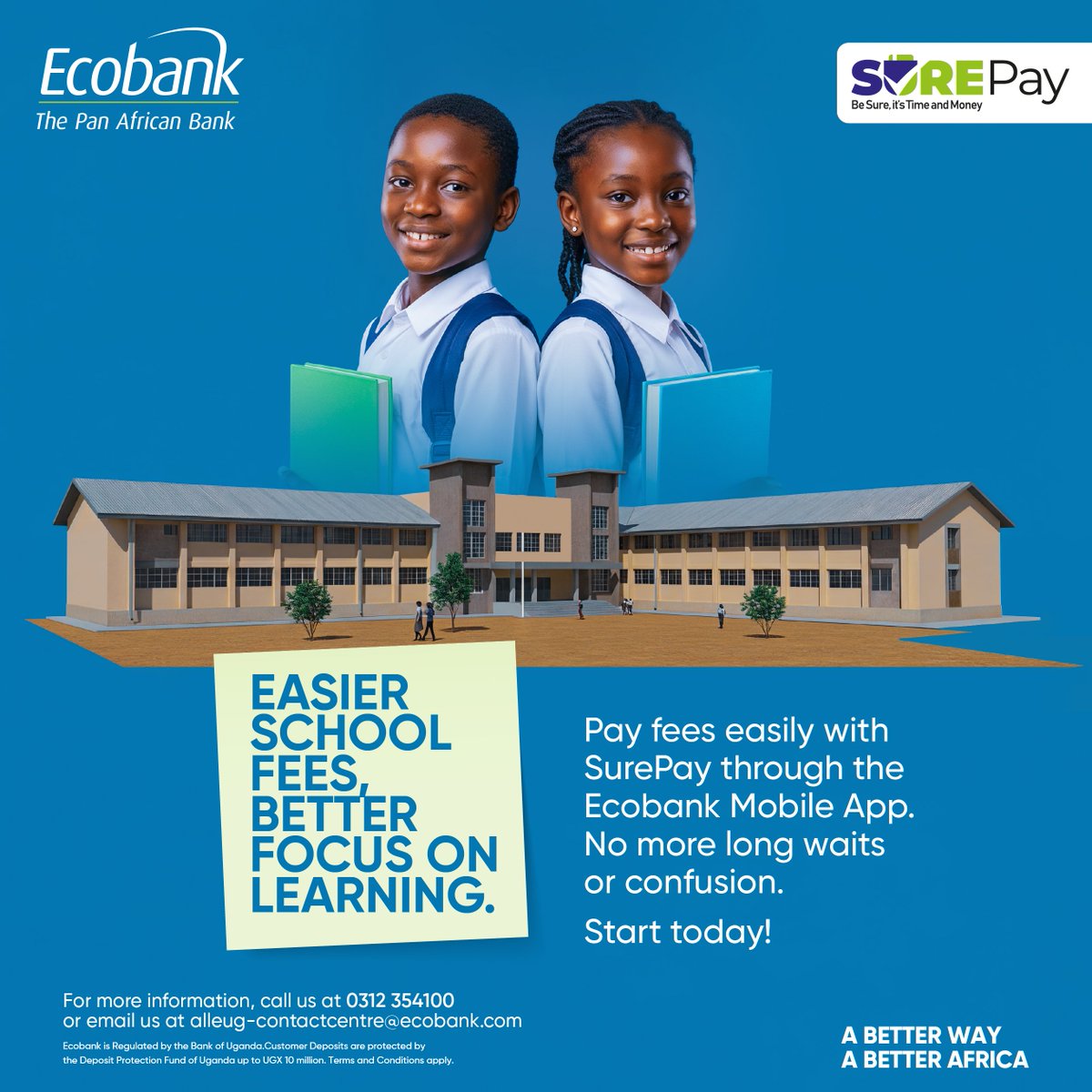 With <a href="/SurepayLimited/">SurePay Limited Uganda</a> , paying school fees is simple and secure, so students can focus on learning. Skip the line for good download the Ecobank App and pay your children’s school fees in just a few taps. 

#Abetterway 
#BeraKuSure