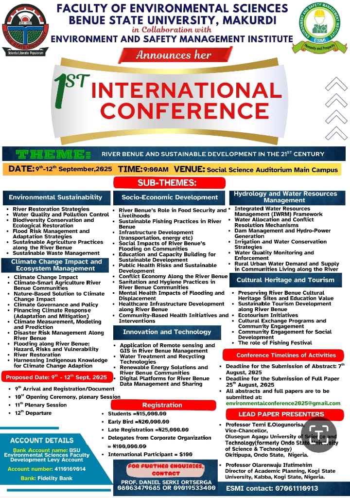 CSDevNet1's tweet image. 🌍 Join us at the 1st Int’l Conference on River Benue & Sustainable Development in the 21st Century
📅 Sept 10–11, 2025 | 🕙 10AM WAT
🔗 Zoom: us06web.zoom.us/j/85644312585?…
#SustainableAfrica #RiverBenue #sustainableliving #safetyandmanagement