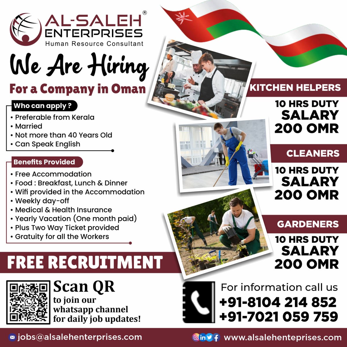 ALSALEH_India's tweet image. We Are Hiring for Oman 🇴🇲
✨ Free Recruitment | Attractive Benefits Provided

📞 Contact: +91-8104 214 852 | +91-7021 059 759
📧 jobs@alsalehenterprises.com
#OmanJobs #FreeRecruitment #KitchenHelpers #CleanerJobs #GardenerJobs #GulfJobs #JobVacancy #WorkInOman #OverseasJobs