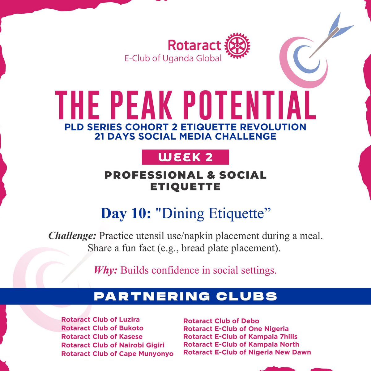 rotaractEclubUg's tweet image. Day 10: DINING ETIQUETTE🍴👥
Master table manners to make a lasting impression. Focus on proper utensil usage, respectful conversation, &amp;amp; mindful eating. Share your experience &amp;amp; join the revolution of etiquette! #PeakPotentialPLDCohort2 #DiningEtiquette #TheEtiquetteRevolution