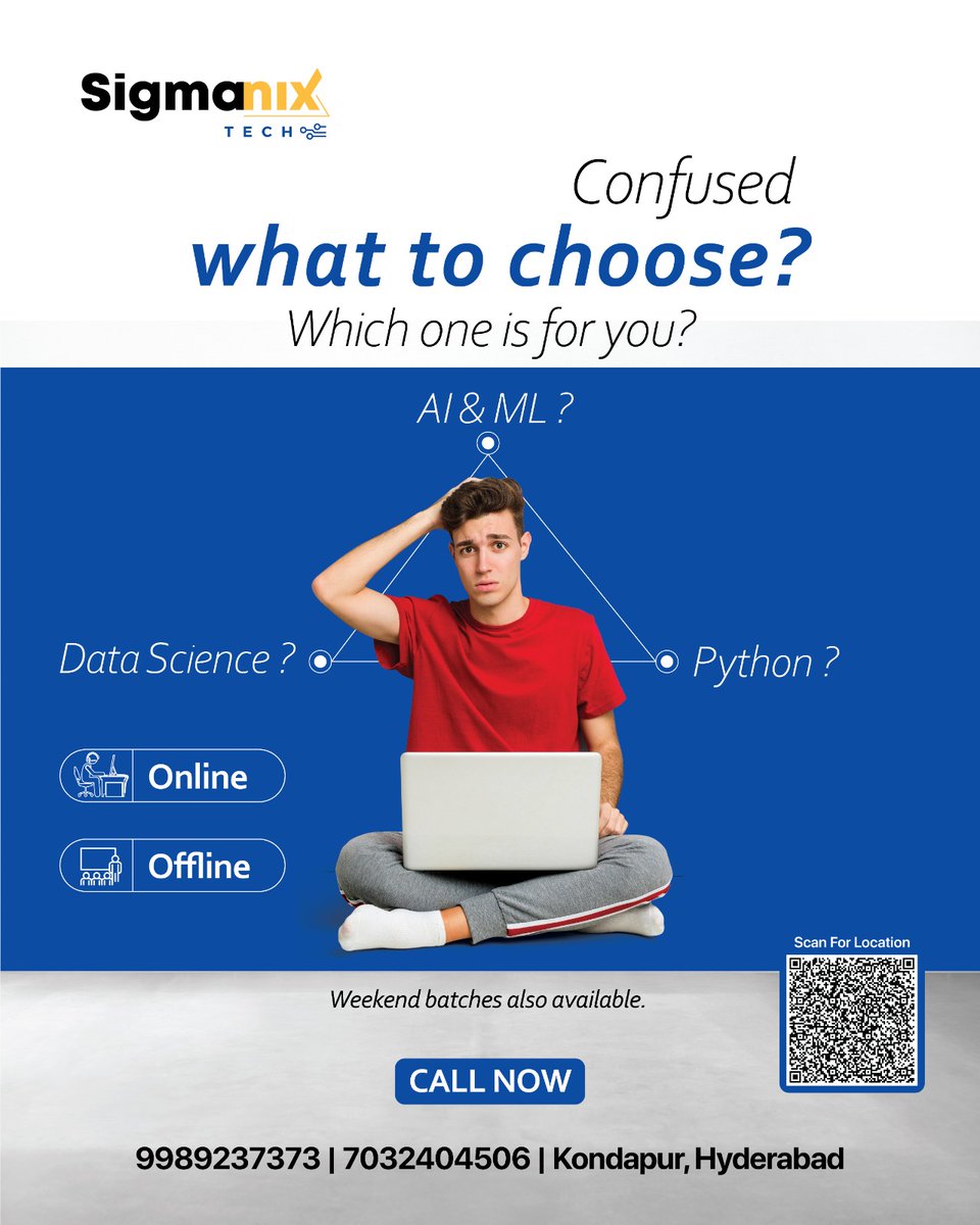 sigmanixtech's tweet image. Stop Wondering. Start Learning!🌟

Whether it’s AI &amp;amp; ML, Data Science, or Python, your journey begins here.
With flexible weekend, online, and offline batches, the choice is yours.

👉 Start Today with Sigmanix Tech!

Contact Us @9989237373 / 7032404506

#SigmanixTech #TechTrain