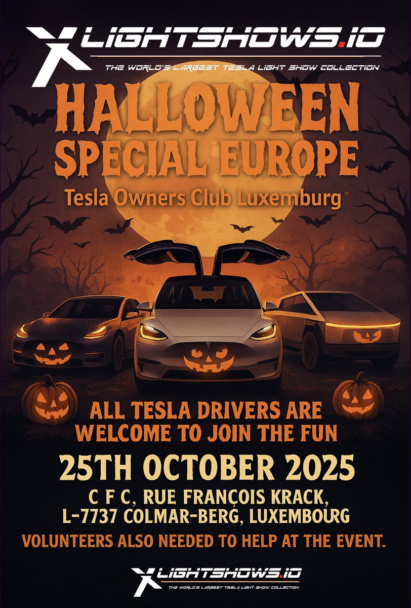 For those in EUROPE, you can join in the fun of our XLightShows HALLOWEEN SPECIAL <a href="/Tesla/">Tesla</a> Light Show with <a href="/TeslaOwnersLux/">Tesla Owners Luxembourg</a> in beautiful LUXEMBOURG 🇱🇺 October 25th.

New Location in Luxembourg to follow but registration is OPEN 🔥🔥🔥