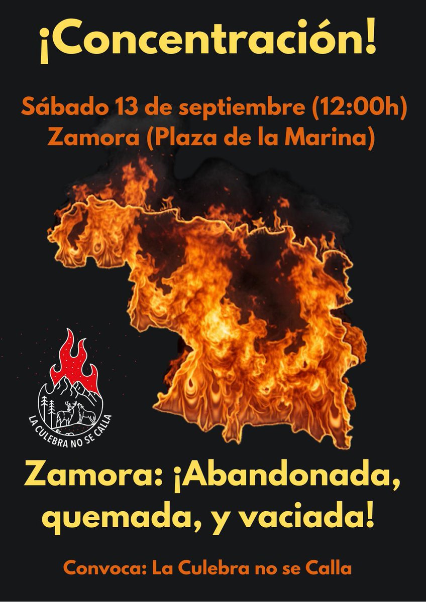 Juan13Navarro's tweet photo. Este sábado 13 varias organizaciones sociales de Zamora, con La Culebra no se Calla al frente, han convocado una manifestación en Zamora para protestar por los daños de los incendios este verano en la provincia.
Será a las 12.00 en el centro, en la plaza de la Marina. https://t.co/8IzURCKRr5